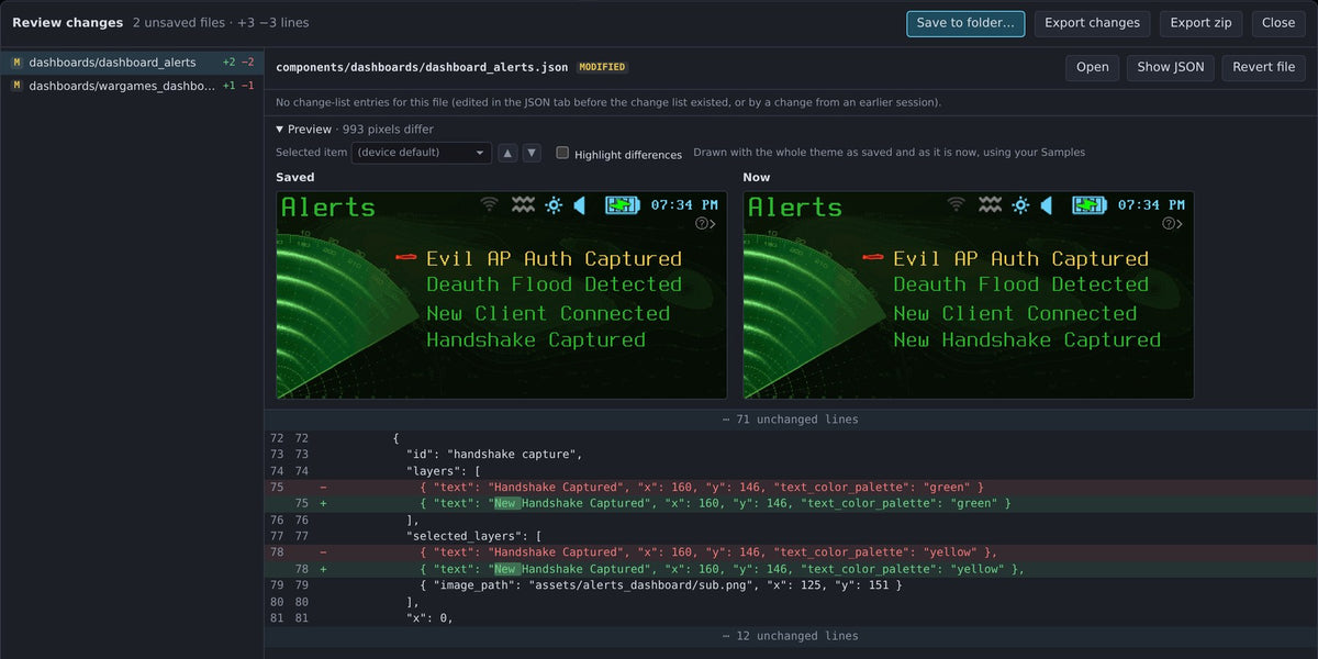 Review changes: the saved and changed screen side by side, and the diff